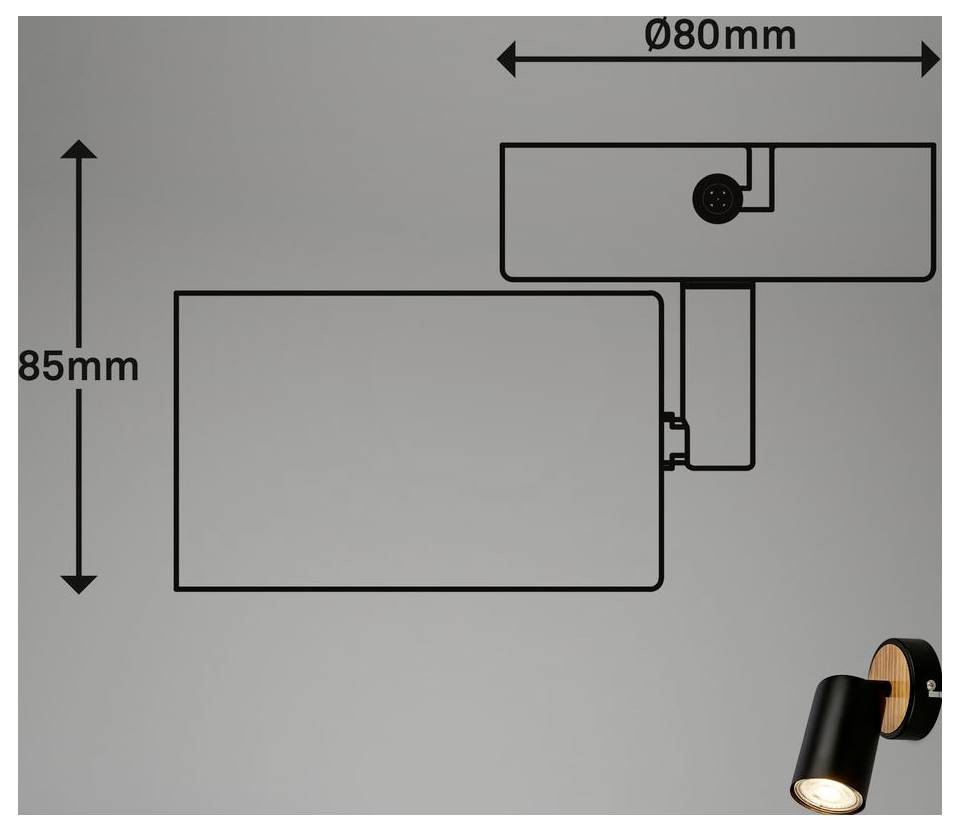 Diagram of a wall-mounted light showing 80mm width and 85mm height dimensions, with a black spotlight fixture at bottom right.