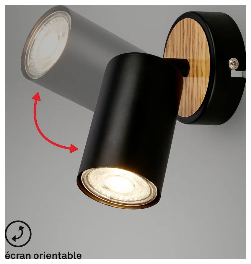 Black adjustable spotlight wall sconce with one light head angled down and another shown rotating upward, labeled 'écran orientable'.<br>