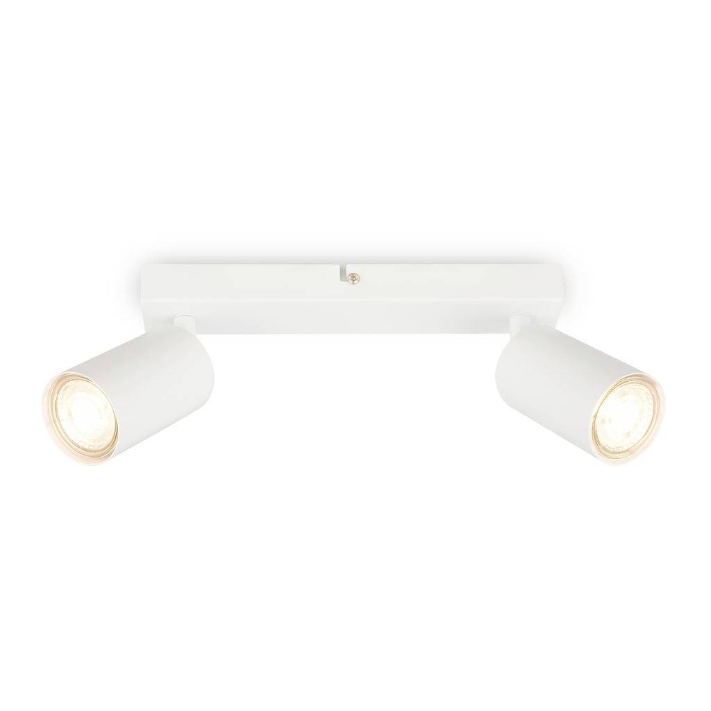 White double adjustable spotlight fixture with two cylindrical lamp heads on a rectangular mount, both lights angled downward.<br>