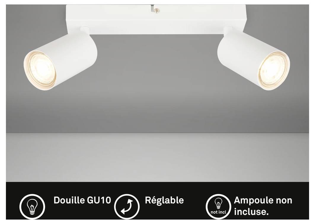 White two-bulb ceiling spotlight with adjustable heads; French labels note GU10 socket, dimmable, and bulb not included.
