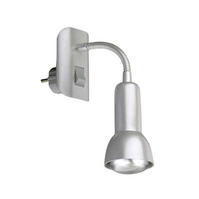 Silver wall-mounted adjustable lamp with flexible gooseneck arm and conical light head.