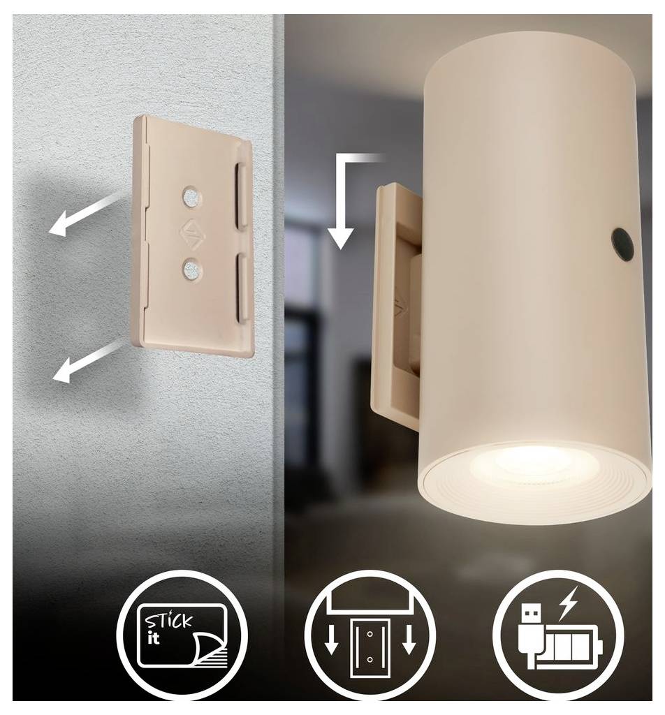 Wall-mounted cylindrical light with a detachable magnetic mounting plate, shown as a three-step installation using arrows and icons.