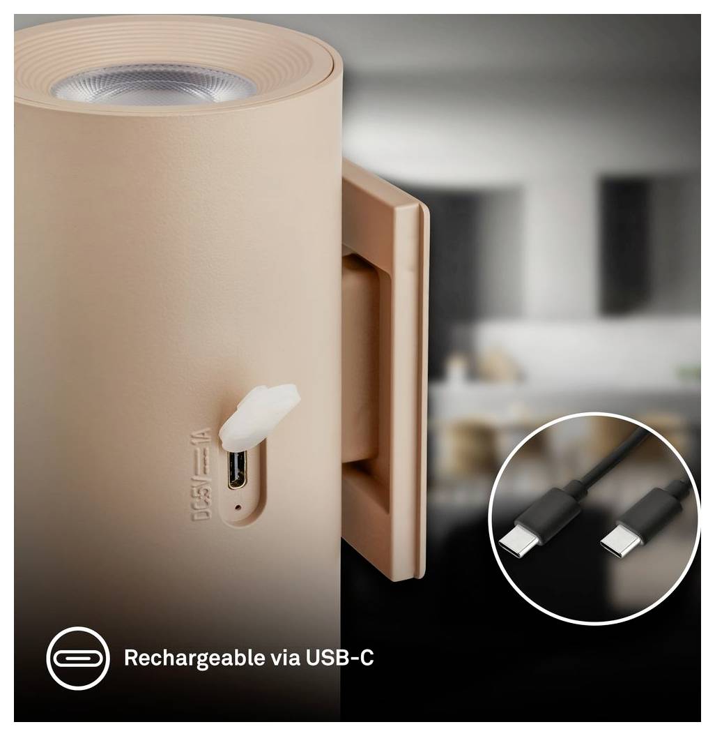Portable beige device with a USB-C charging port and cable, labeled 'Rechargeable via USB-C', shown in a product-style close-up.