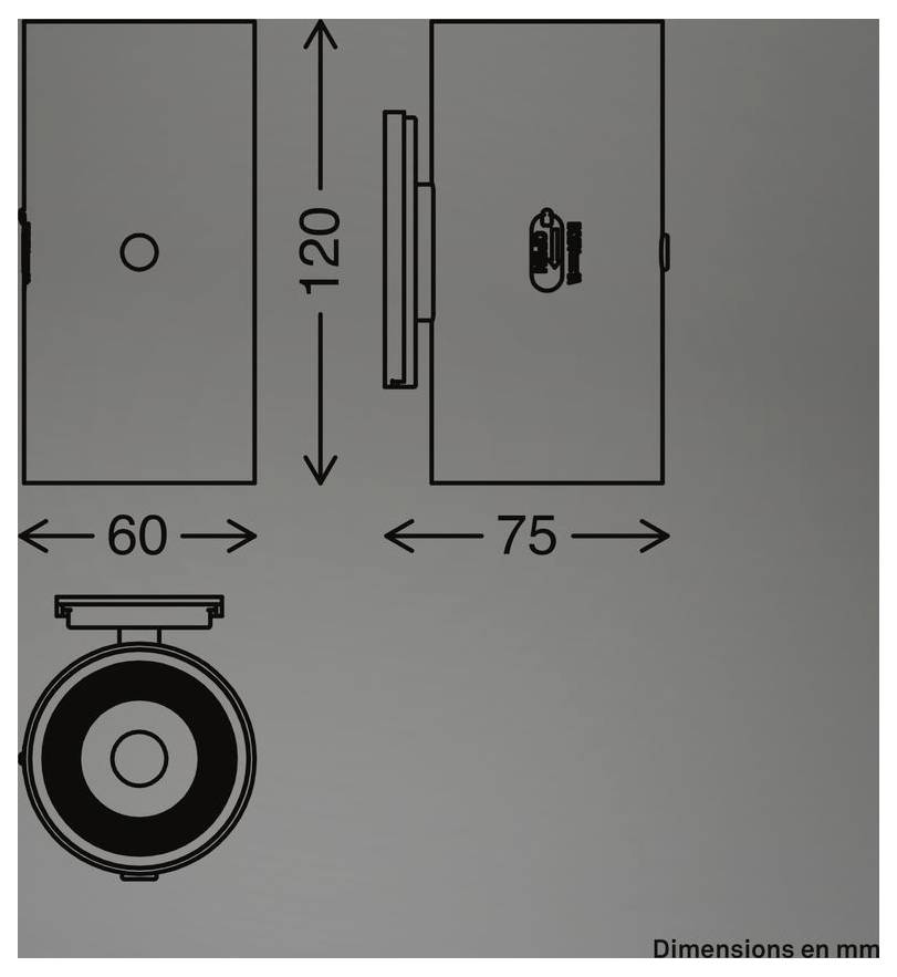 Technical drawing of a rectangular device shown in multiple views, with dimensions labeled 120 mm tall, 75 mm wide, and 60 mm wide, plus a circular top view.