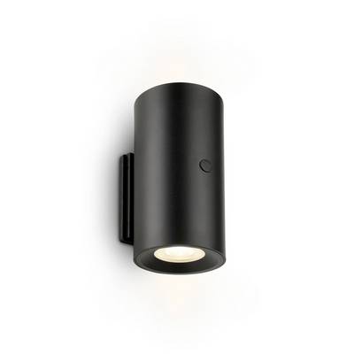 Black cylindrical wall sconce with a downward-facing light, shown on a white background.<br>
