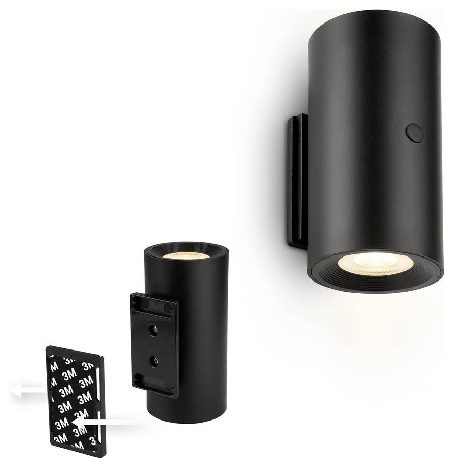 Black cylindrical wall light shown mounted with adhesive bracket, plus a separate angled installation plate with 3M backing.