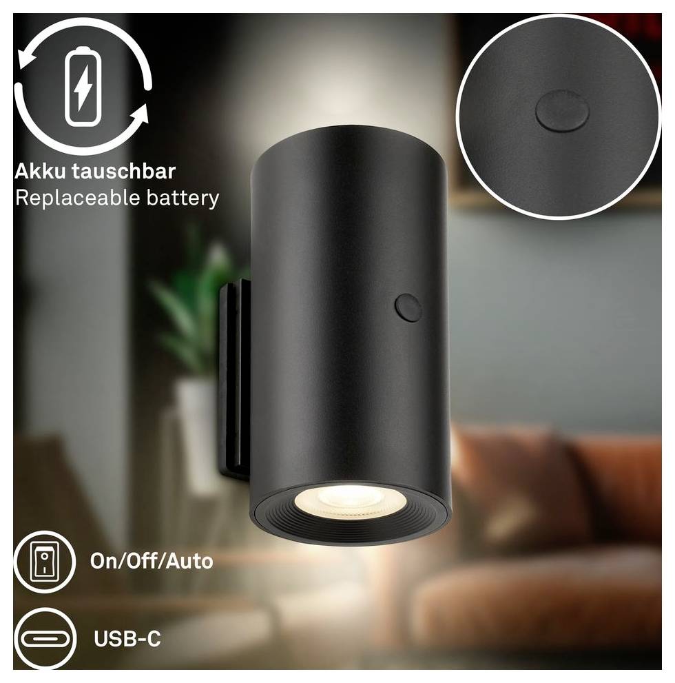 Black cylindrical wall light with replaceable battery, on/off/auto button, and USB-C charging shown in a living room.<br>