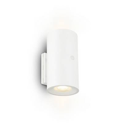 White cylindrical wall-mounted spotlight on a white background, with light shining downward.<br>