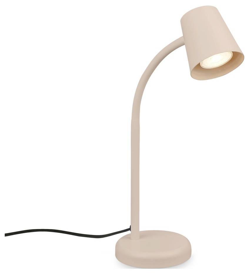 Beige modern desk lamp with curved neck, round base, and black power cord on a white background.