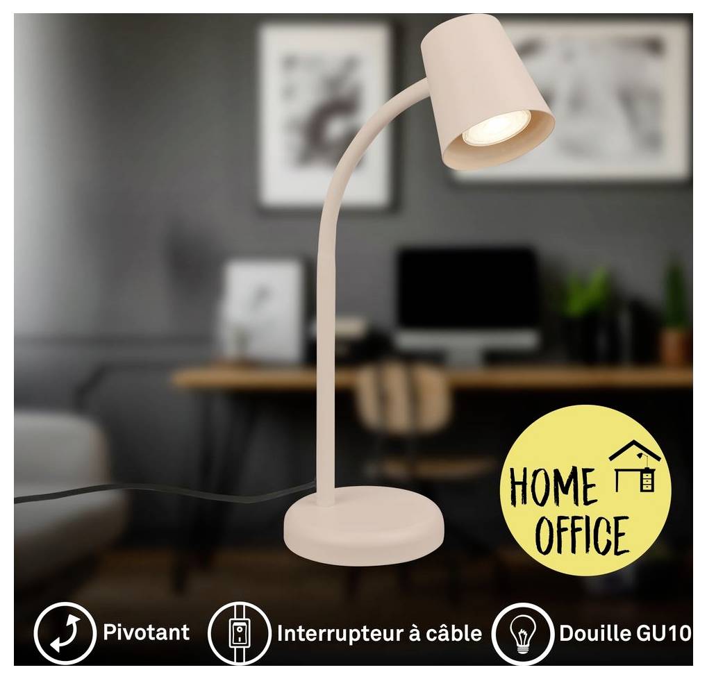 Pink curved desk lamp with cable switch and GU10 bulb, shown in a blurred home office setting; 'HOME OFFICE' badge appears at right.<br>