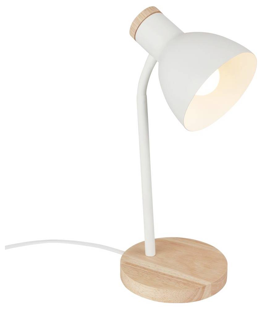 White desk lamp with wooden base and shade, illuminated against a plain background.
