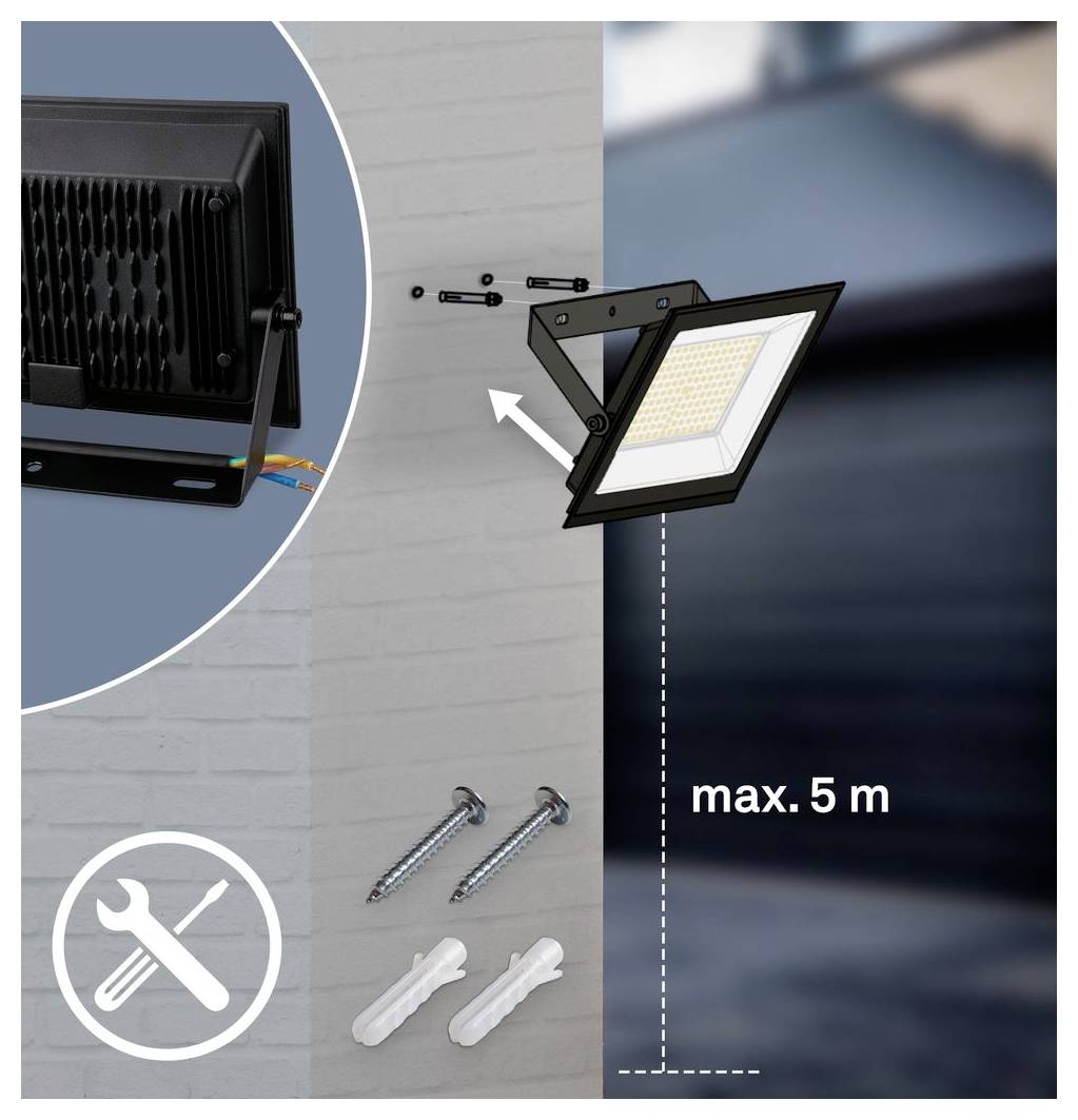 Illustration of a wall-mounted adjustable LED floodlight with included screws and wall plugs, showing installation tools and a max. 5 m mounting height.