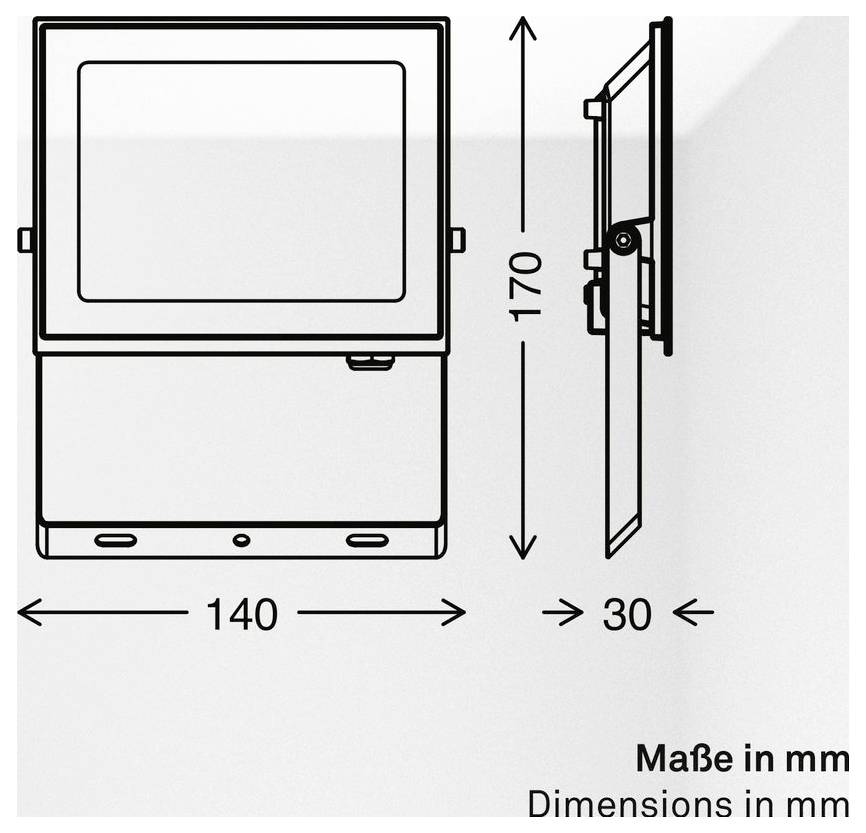 Technical drawing of a wall-mounted screen or display showing dimensions in mm: 140 wide, 170 high, 30 deep.<br>