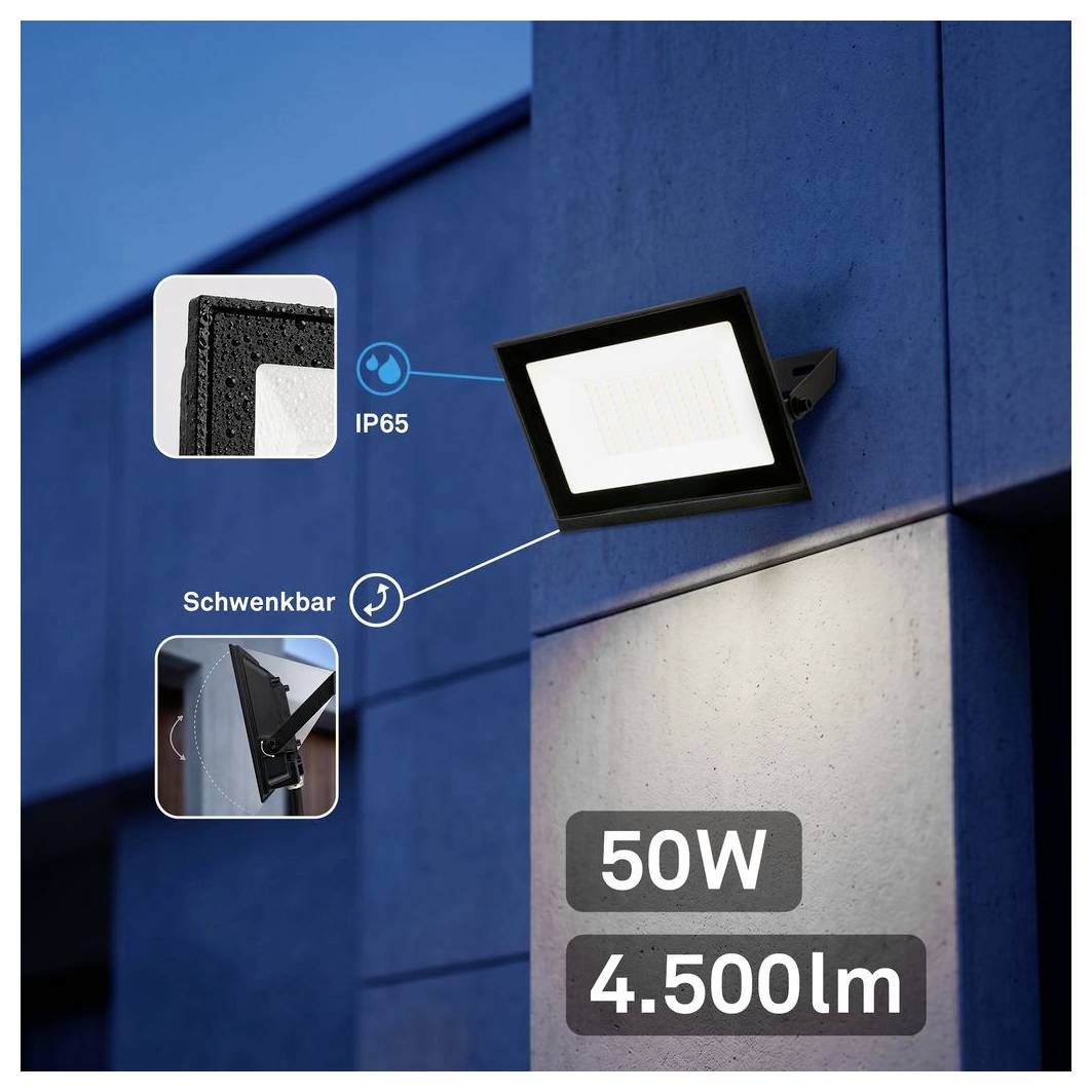 Black IP65 adjustable LED floodlight mounted on a blue wall, labeled 50W and 4,500 lm with close-up inset details.