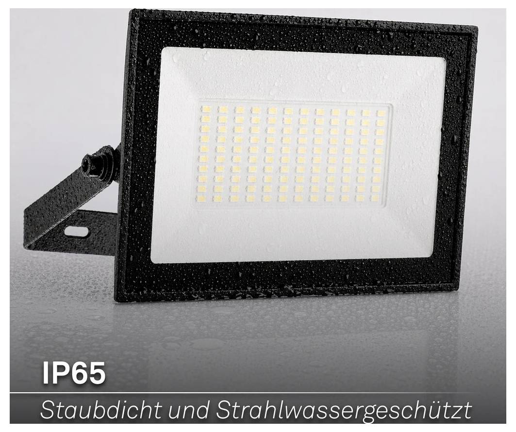 Black IP65 LED floodlight with wall mount, labeled 'Staubdicht und Strahlwassergeschützt' indicating dust- and water-resistant.