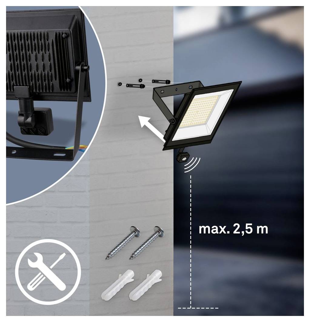 Instruction graphic showing how to install an adjustable LED floodlight on a wall, with mounting screws, anchors, tools icon, and max height of 2.5 m.