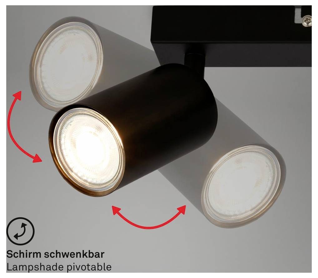 Black track spotlight with adjustable lamp head; red arrows show the lampshade pivots left and right. Text: 'Lampshade pivotable'.