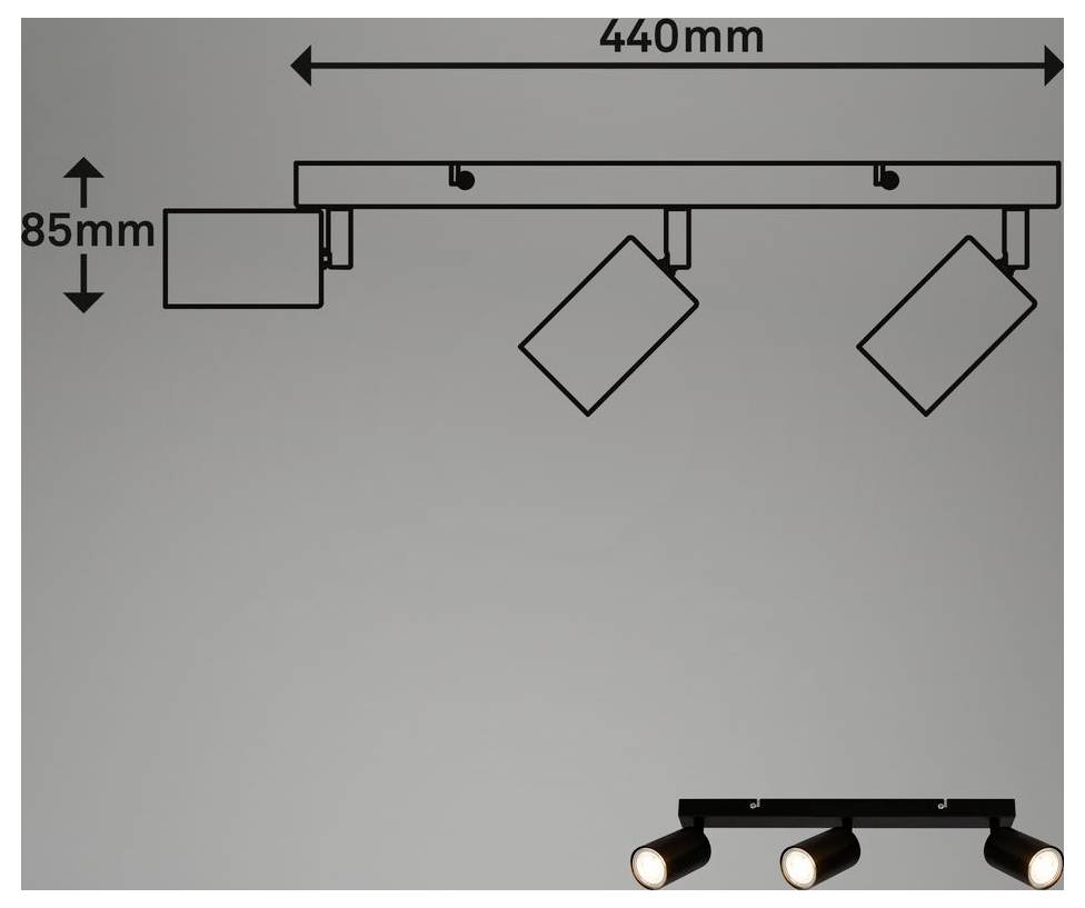 Diagram of a ceiling track light showing dimensions: 440 mm wide and 85 mm high, with three adjustable spotlights attached to the track.
