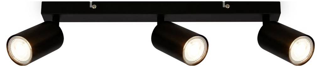 Three black adjustable spotlights mounted on a ceiling track, each aimed downward and lit.<br>