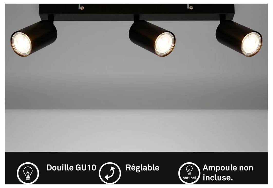 Three black adjustable track spotlights on a ceiling; French labels say 'Douille GU10', 'Réglable', and 'Ampoule non incluse.'<br>