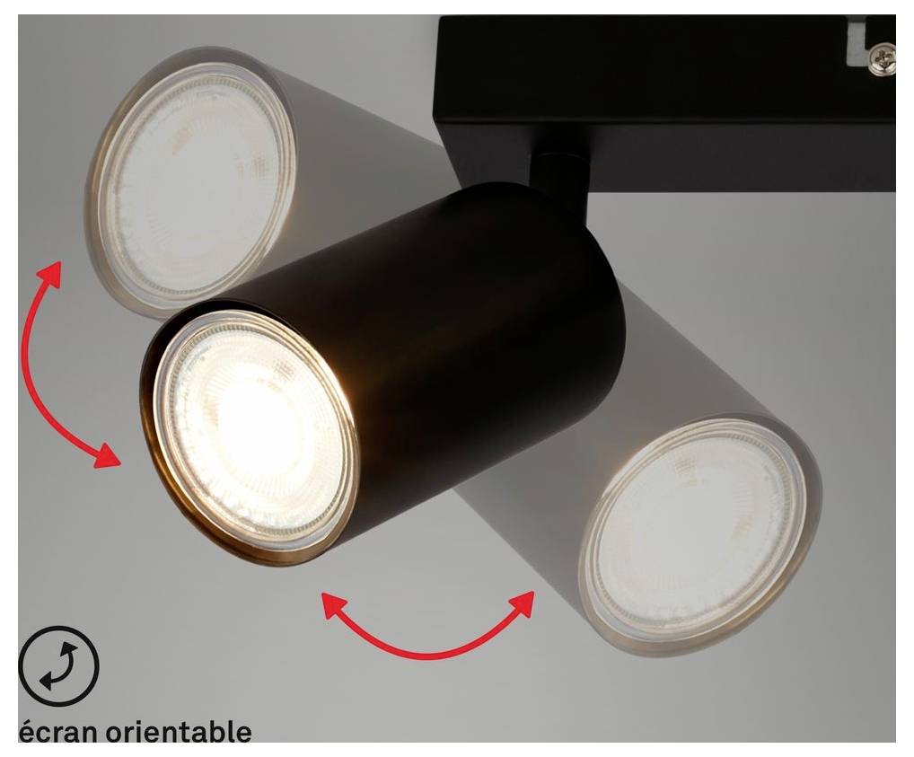 Black adjustable track light spotlight with three heads, shown rotating to direct light; labeled 'écran orientable'.