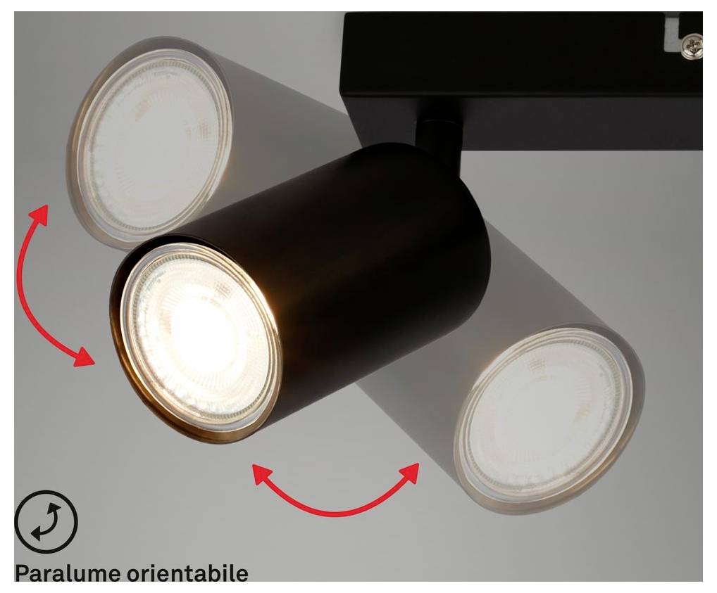 Adjustable black track light spotlight rotated to direct illumination, with arrows indicating it can be aimed in different directions.