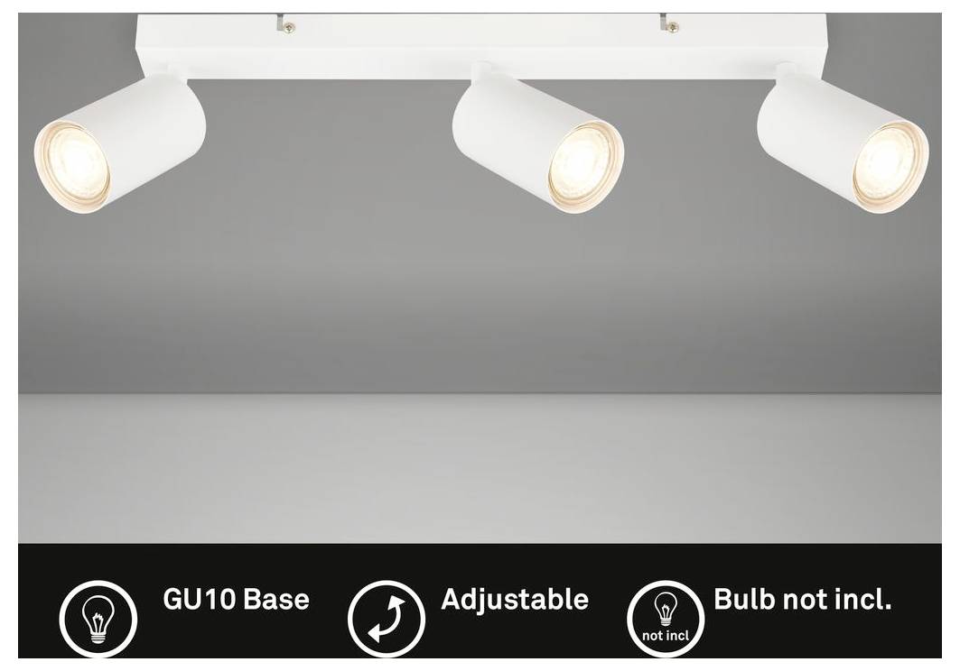 Three white adjustable ceiling spotlights on a track; bottom labels read 'GU10 Base', 'Adjustable', and 'Bulb not incl.'<br>
