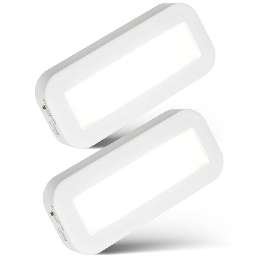 Two white rectangular LED wall lights, diagonally stacked on a plain background.