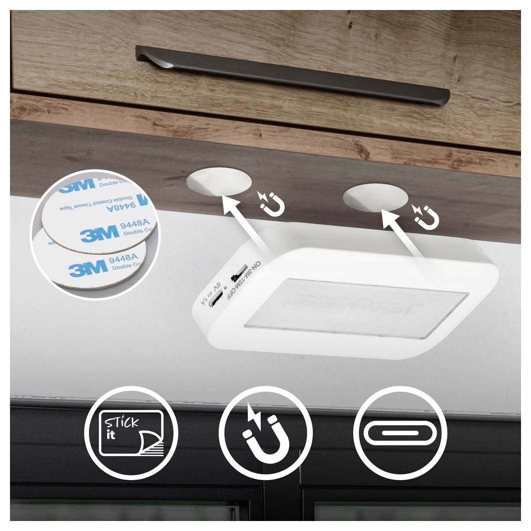 Ceiling-mounted motion sensor light with adhesive pad and icons showing easy stick-on installation on cabinets or under shelves.