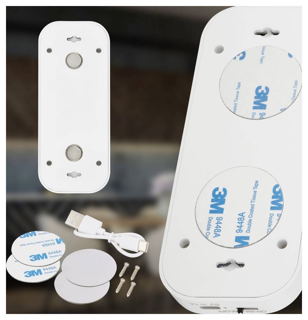 White wall-mounted device set with adhesive back, USB cable, and mounting hardware shown alongside the front and back of the unit.