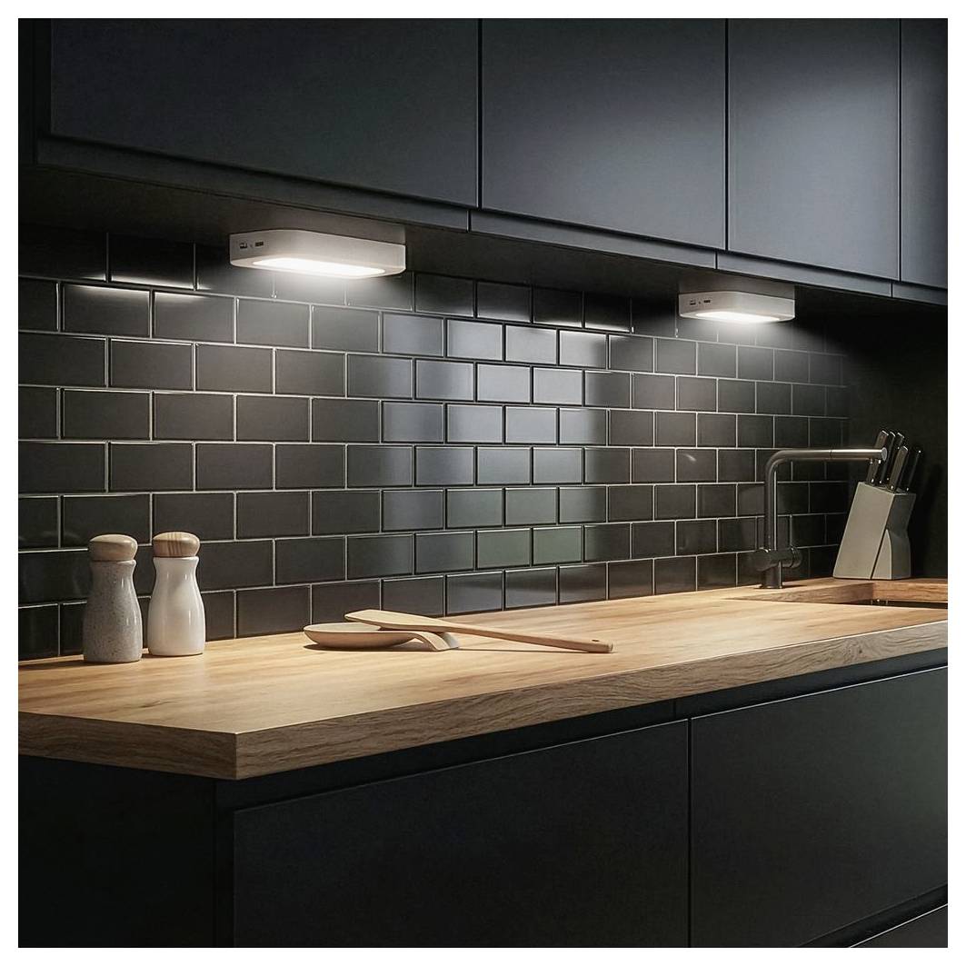 Modern kitchen counter with black tile backsplash, under-cabinet lights, wooden worktop, spice shakers, spoon, and knife block.