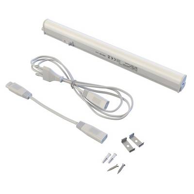 White under-cabinet LED light bar kit with power cord, mounting brackets, screws, and wall anchors on a white background.