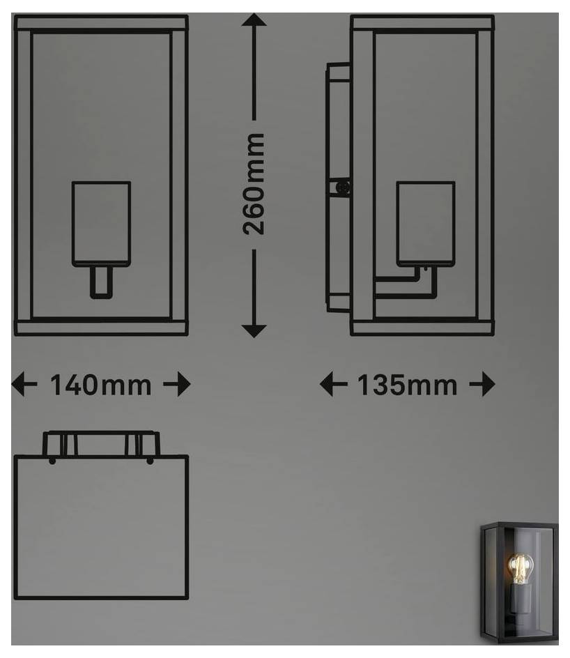 Technical diagram of a wall light fixture showing front, side, and top views with dimensions: 260 mm high, 140 mm wide, and 135 mm deep.<br>