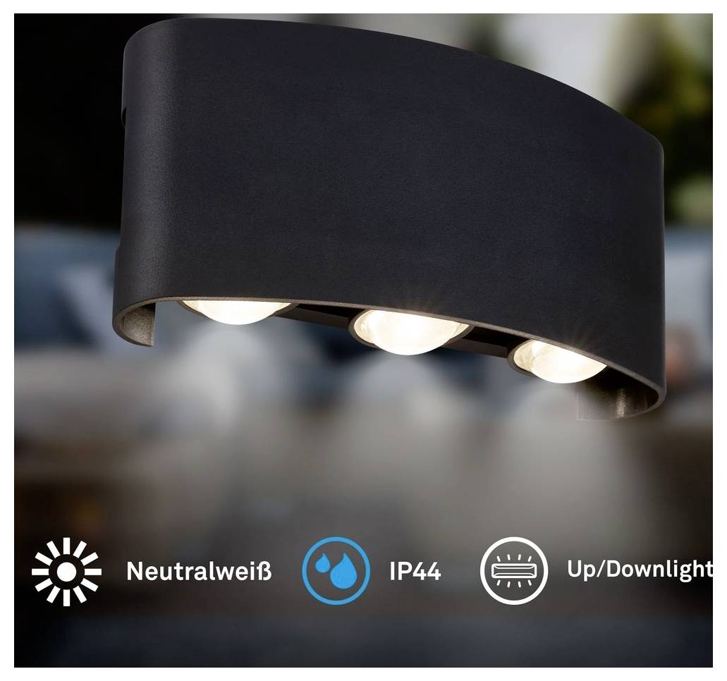 Black curved wall light with three illuminated bulbs; labeled Neutralweiß, IP44, and Up/Downlight.<br>