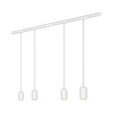 Minimal white track lighting fixture with four hanging cylindrical pendant lights on a long angled rail.