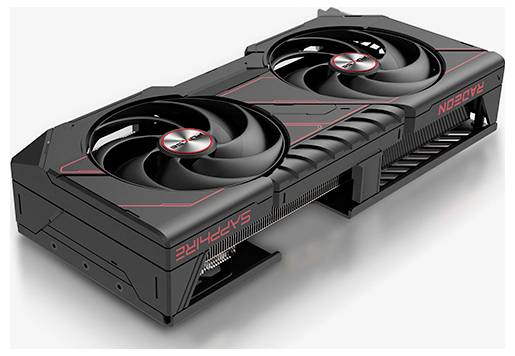 Black Sapphire Radeon graphics card with dual cooling fans and red accents, shown at an angle on a white background.