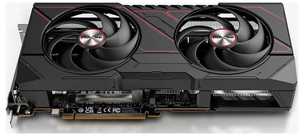 Dual-fan graphics card, shown in a side view, with black shroud and red accents.