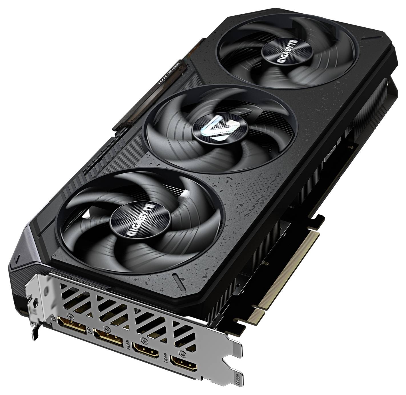 Triple-fan Gigabyte graphics card shown at an angle, with PCIe edge connector and rear display ports visible.<br>
