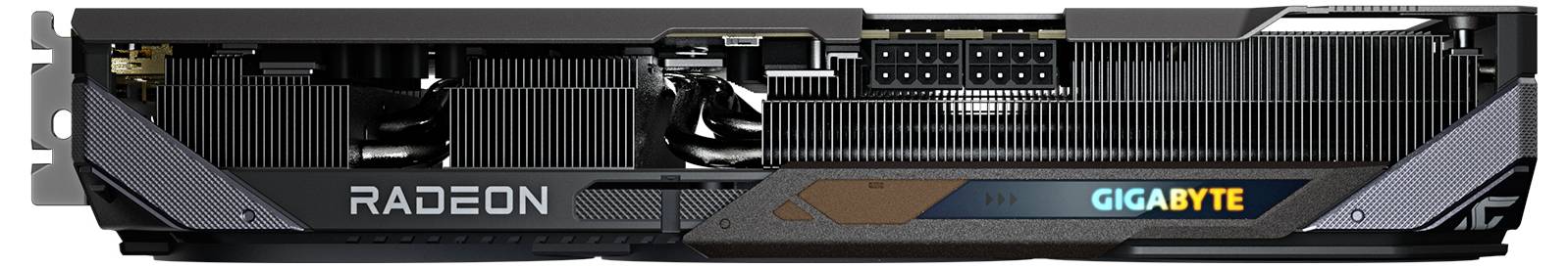 Rear view of a GIGABYTE Radeon graphics card, showing the cooling shroud and dual fans.
