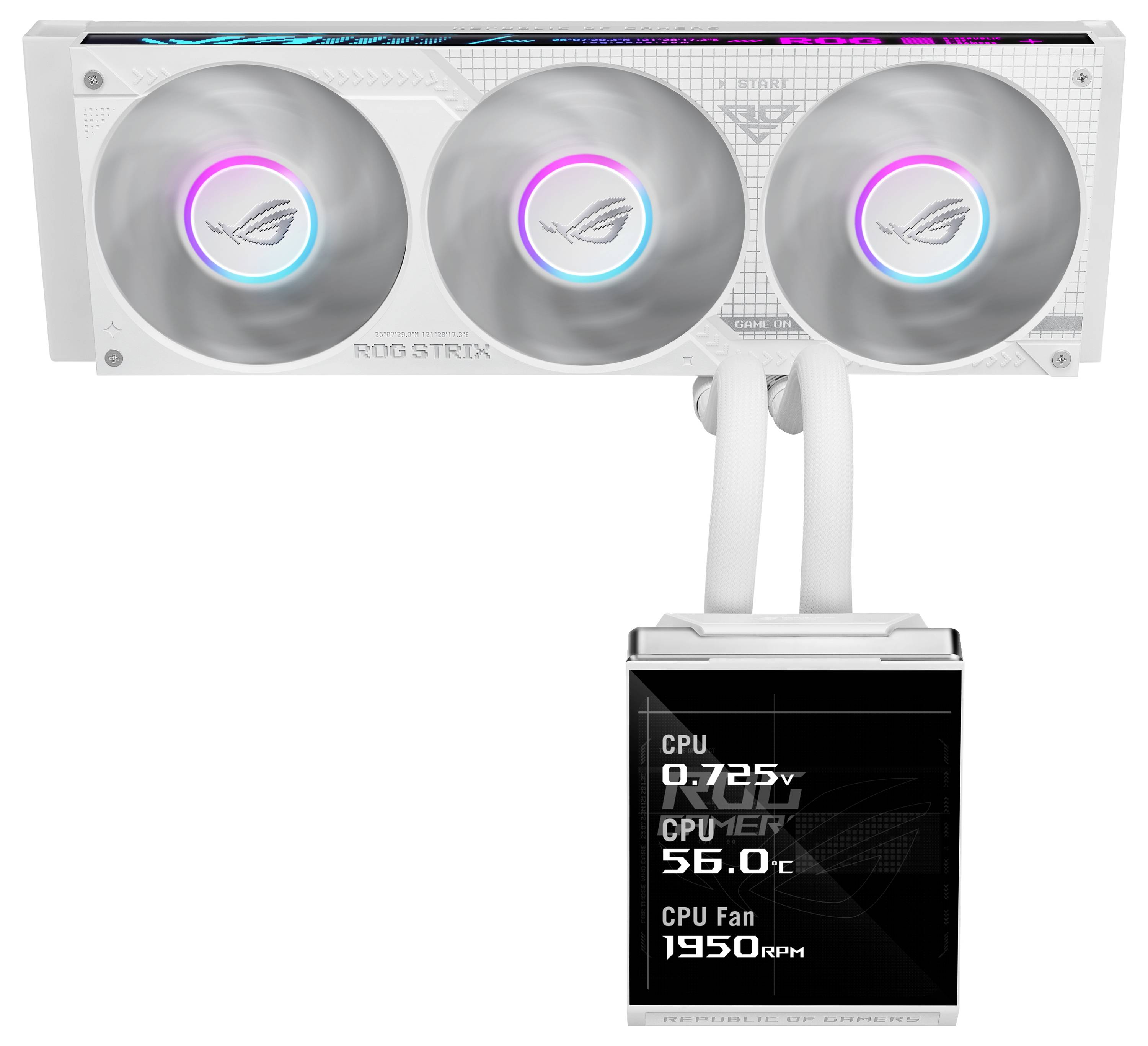 White ROG Strix liquid cooler with three RGB fans connected to a small display showing CPU voltage, temperature, and fan speed.