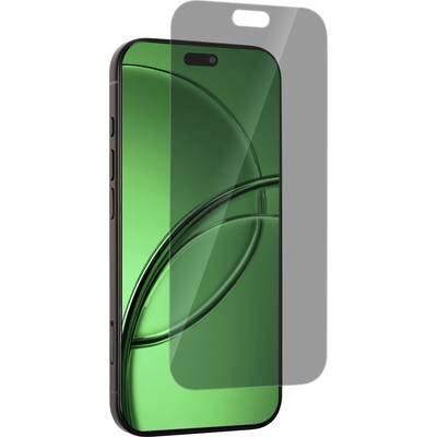 Smartphone screen protector with alignment guide, shown over a green phone display for installation<br>