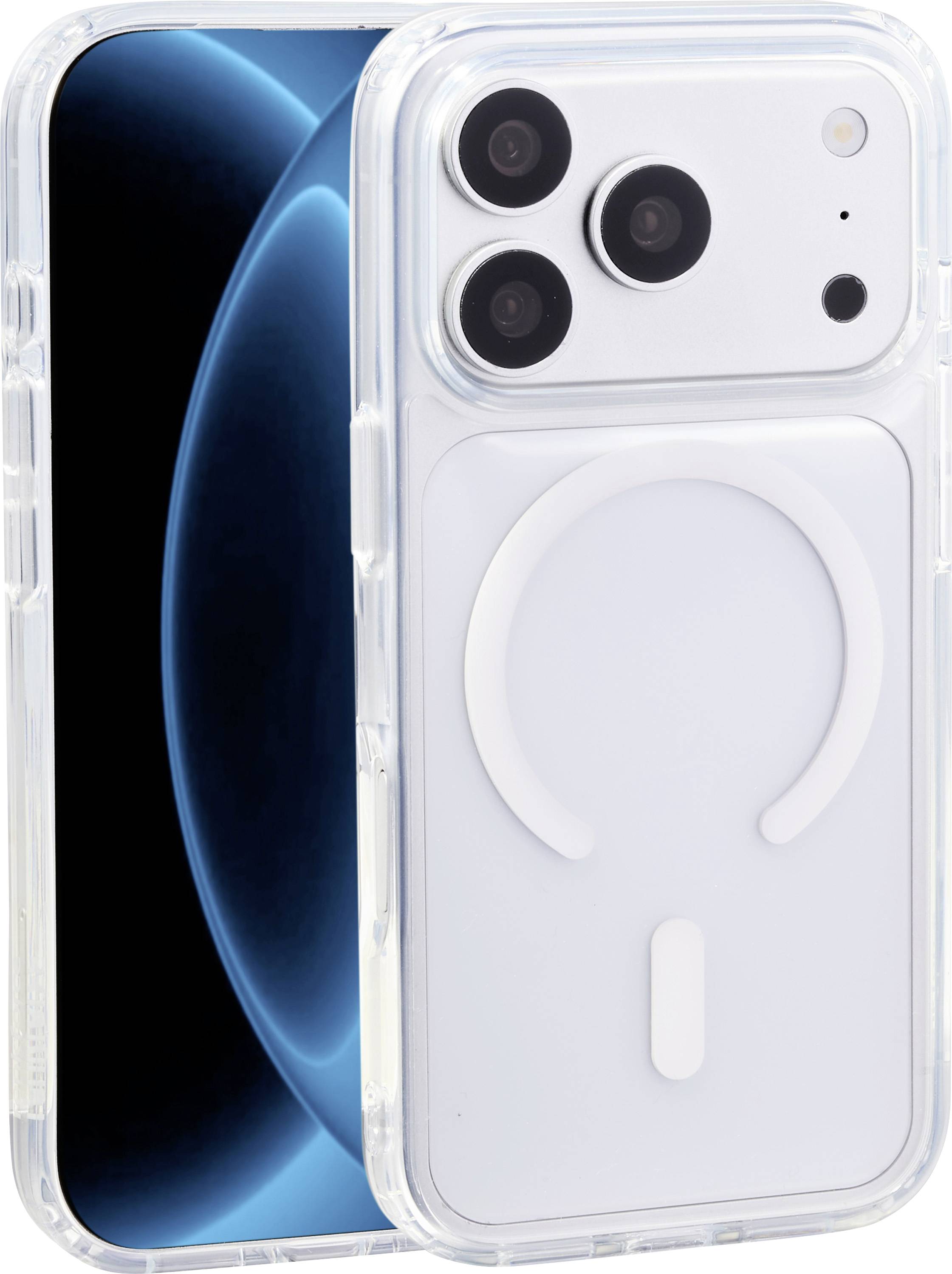 Clear-cased iPhone showing the back and screen, with triple rear cameras and a white MagSafe-style accessory on the back.