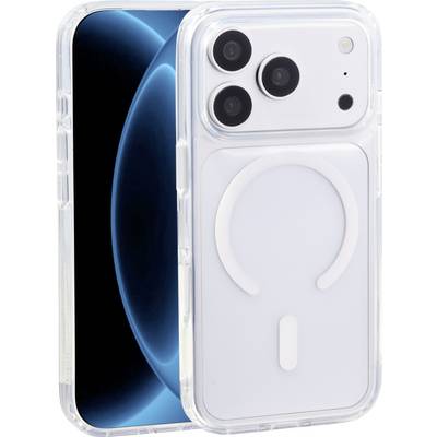 Clear-cased iPhone showing the back and screen, with triple rear cameras and a white MagSafe-style accessory on the back.