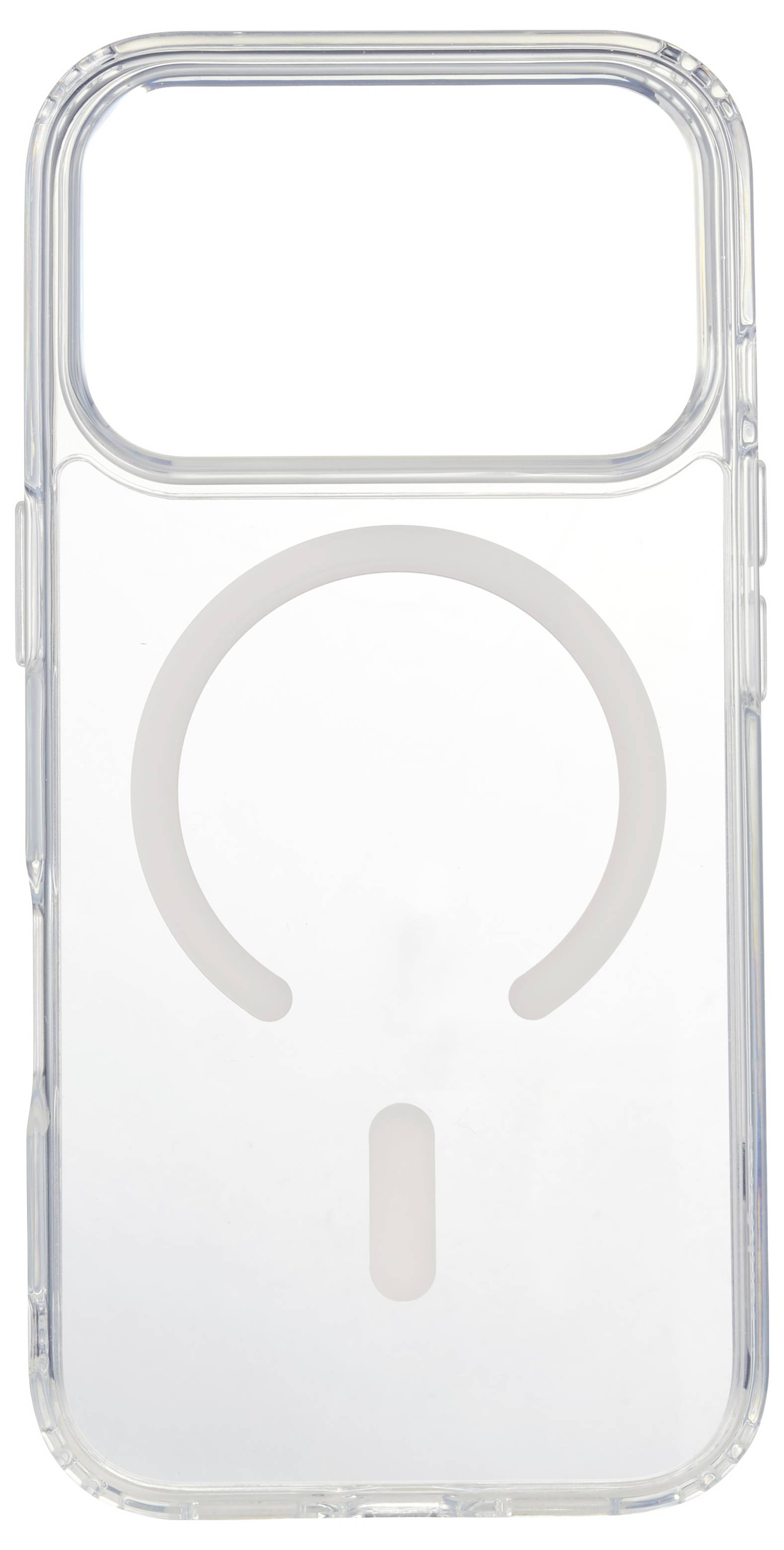 Clear smartphone case with a built-in MagSafe-style circular alignment ring and a large camera cutout at the top.