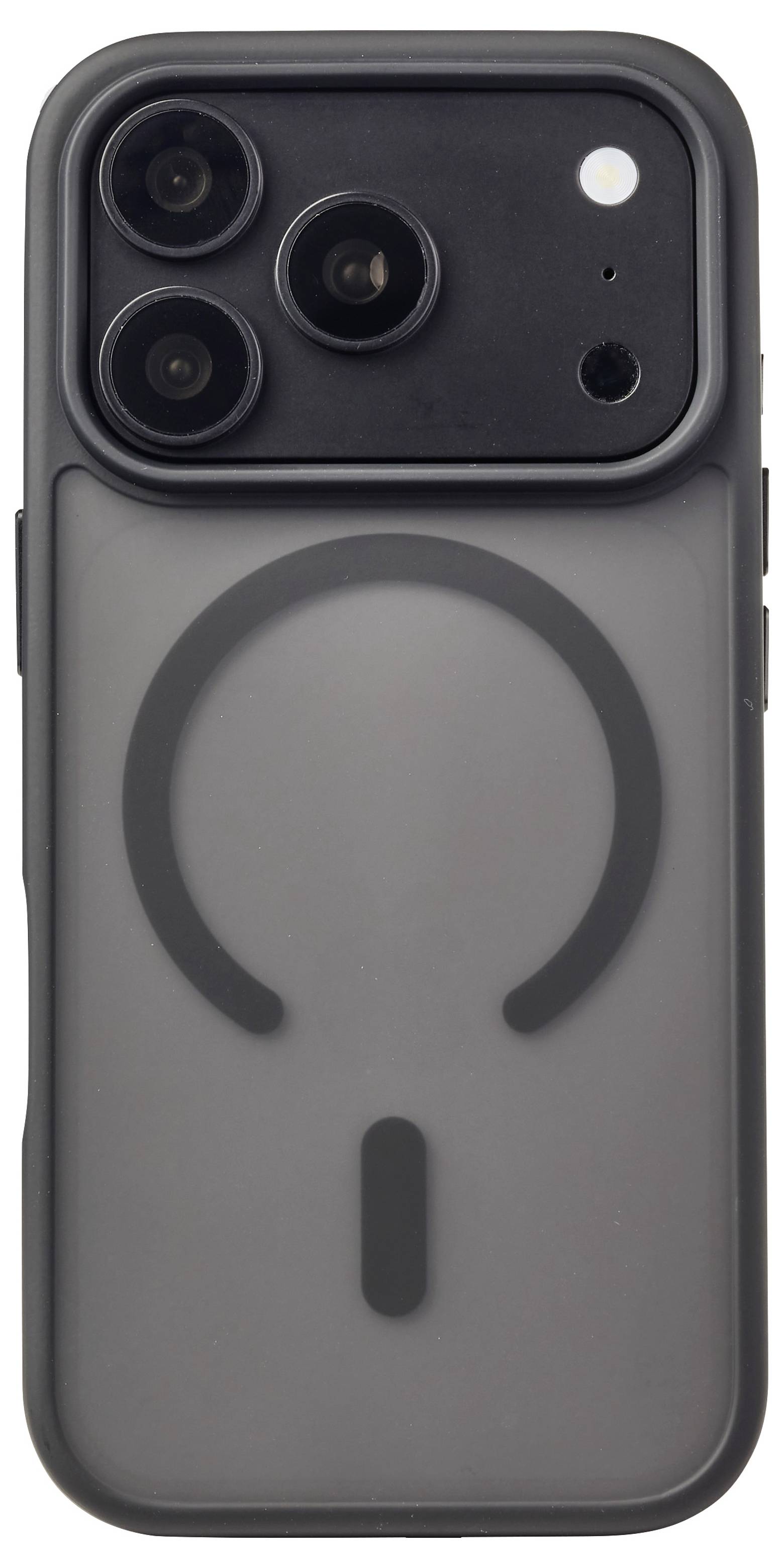 Back of a dark gray smartphone case with a raised camera cutout and a large circular MagSafe-style ring centered on the back.