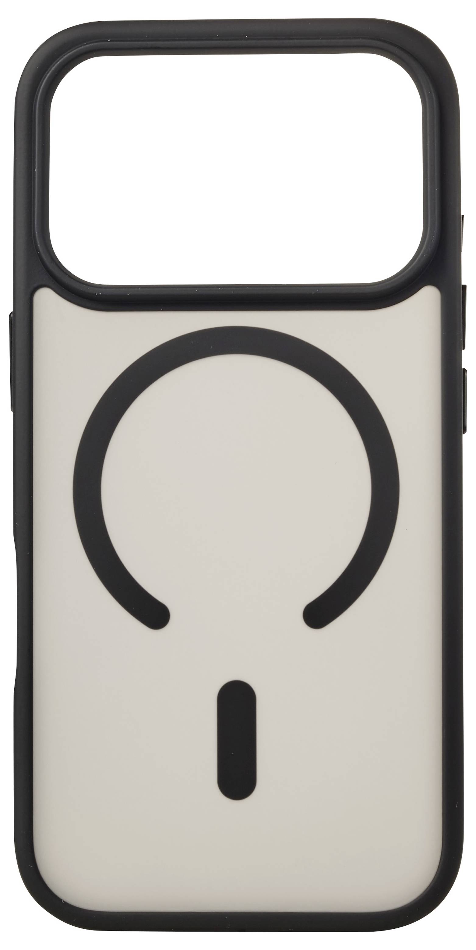 A beige smartphone case with a large black circular ring on the back and a vertical slot below it.<br>
