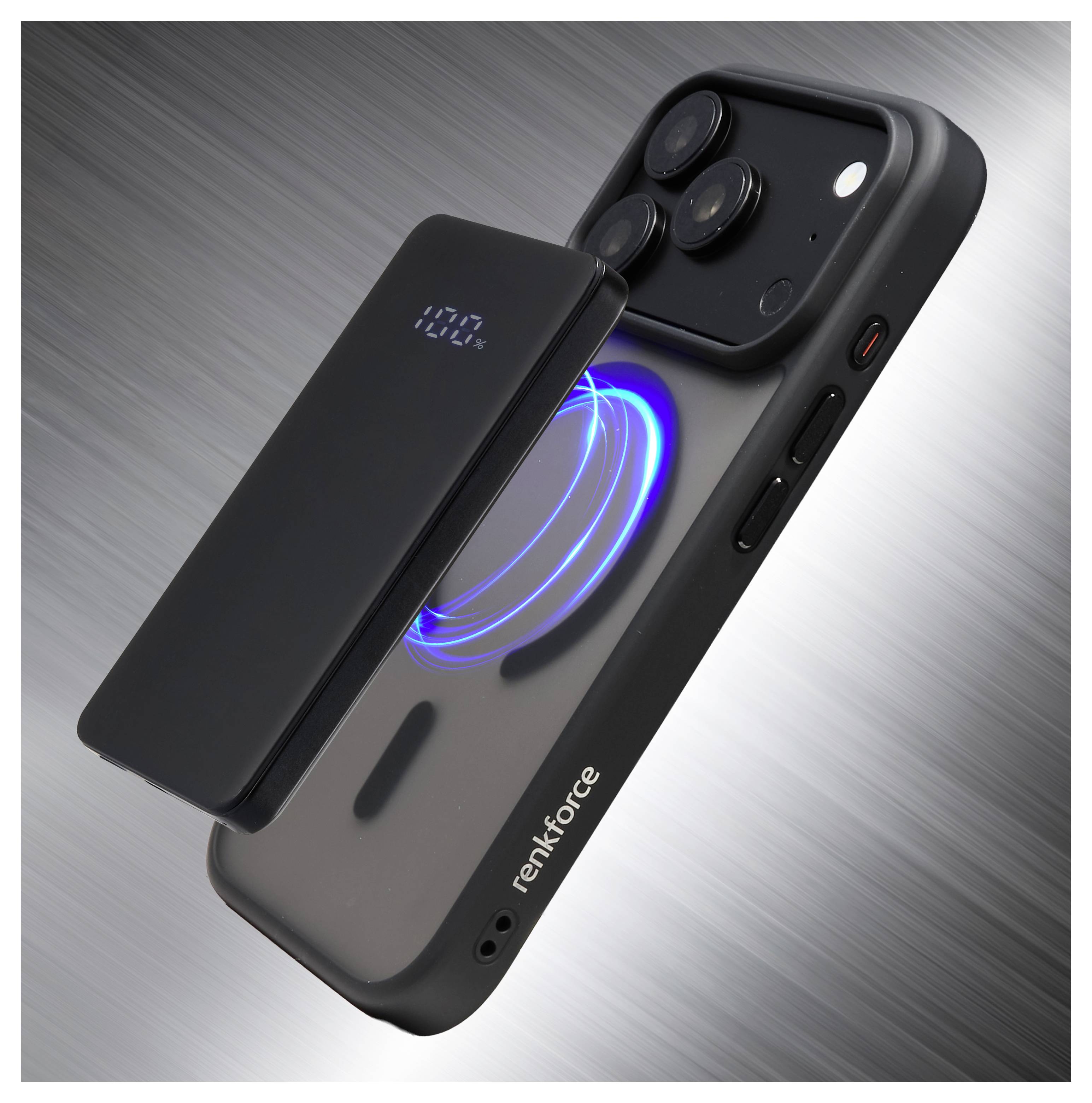 Black smartphone with a magnetic power bank attached to the back, showing a glowing blue wireless charging ring and triple camera module.<br>