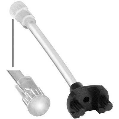 Plastic cable connector with a white cylindrical shaft and black end cap, shown in close-up on a plain white background.