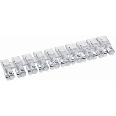 A row of transparent modular plastic connectors or clips arranged diagonally on a white background.