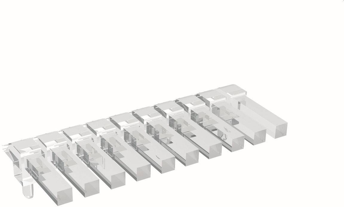 3D render of a transparent plastic comb with multiple teeth, shown on a white background.<br>
